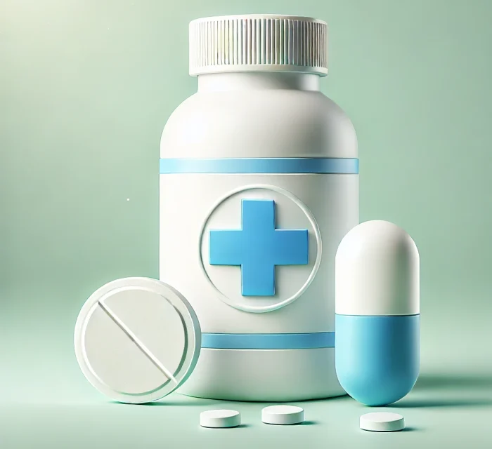 DALL·E 2024-10-11 15.29.14 - A clean and modern 3D illustration of medicine, featuring a solid white bottle with a blue cross symbol on it, a round tablet, and a capsule. The scen