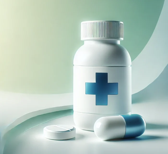 DALL·E 2024-10-12 12.50.04 - A clean and modern 3D illustration of medicine, featuring sleek, clean-cut white bottles with blue cross symbols. The design is minimalistic with smoo