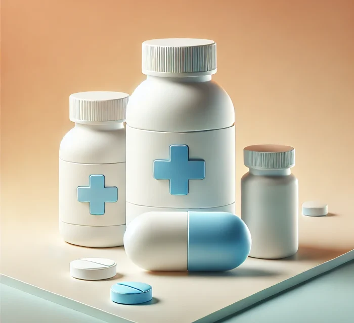 DALL·E 2024-10-12 13.28.24 - A clean and modern 3D illustration of medicine, featuring sleek, clean-cut white bottles with blue cross symbols. The design is minimalistic with smoo