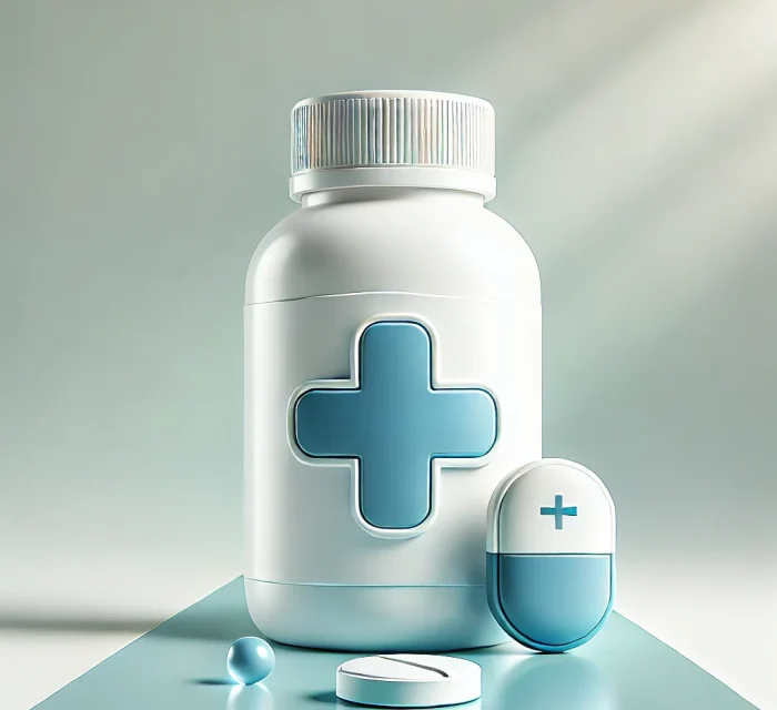 DALL·E 2024-10-12 13.47.52 - A clean and modern 3D illustration of medicine, featuring sleek, clean-cut white bottles with blue cross symbols. The design is minimalistic with smoo