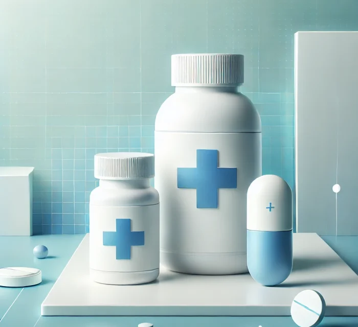 DALL·E 2024-10-12 13.51.45 - A clean and modern 3D illustration of medicine, featuring sleek, clean-cut white bottles with blue cross symbols. The design is minimalistic with smoo