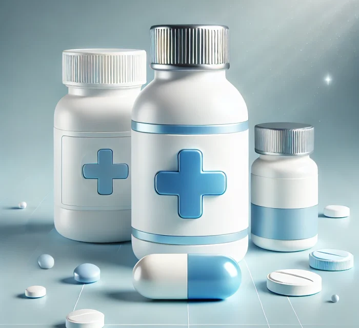 DALL·E 2024-10-12 11.41.51 - A clean and modern 3D illustration of medicine, featuring sleek, clean-cut white bottles with blue cross symbols. The design is minimalistic with smoo