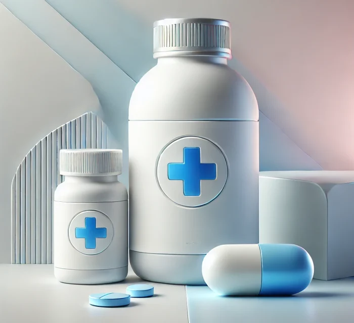 DALL·E 2024-10-12 13.11.16 - A clean and modern 3D illustration of medicine, featuring sleek, clean-cut white bottles with blue cross symbols. The design is minimalistic with smoo