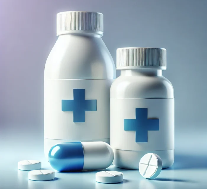 DALL·E 2024-10-12 13.17.24 - A clean and modern 3D illustration of medicine, featuring sleek, clean-cut white bottles with blue cross symbols. The design is minimalistic with smoo