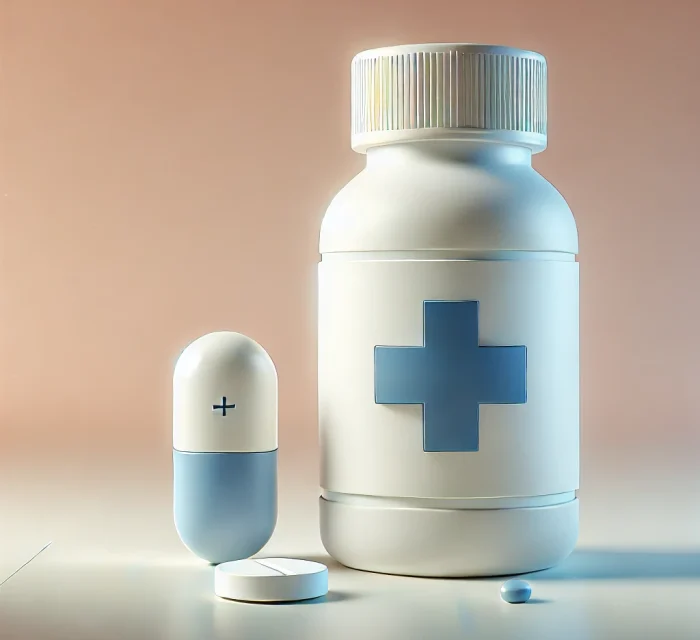 DALL·E 2024-10-12 13.30.37 - A clean and modern 3D illustration of medicine, featuring sleek, clean-cut white bottles with blue cross symbols. The design is minimalistic with smoo