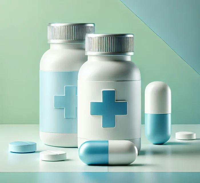 DALL·E 2024-10-12 14.30.23 - A clean and modern 3D illustration of medicine, featuring sleek, clean-cut white bottles with blue cross symbols. The design is minimalistic with smoo