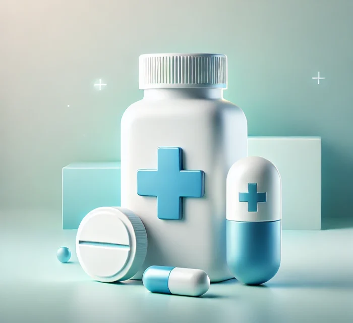 DALL·E 2024-10-12 14.50.31 - A clean and modern 3D illustration of medicine, featuring sleek, clean-cut white bottles with blue cross symbols. The design is minimalistic with smoo